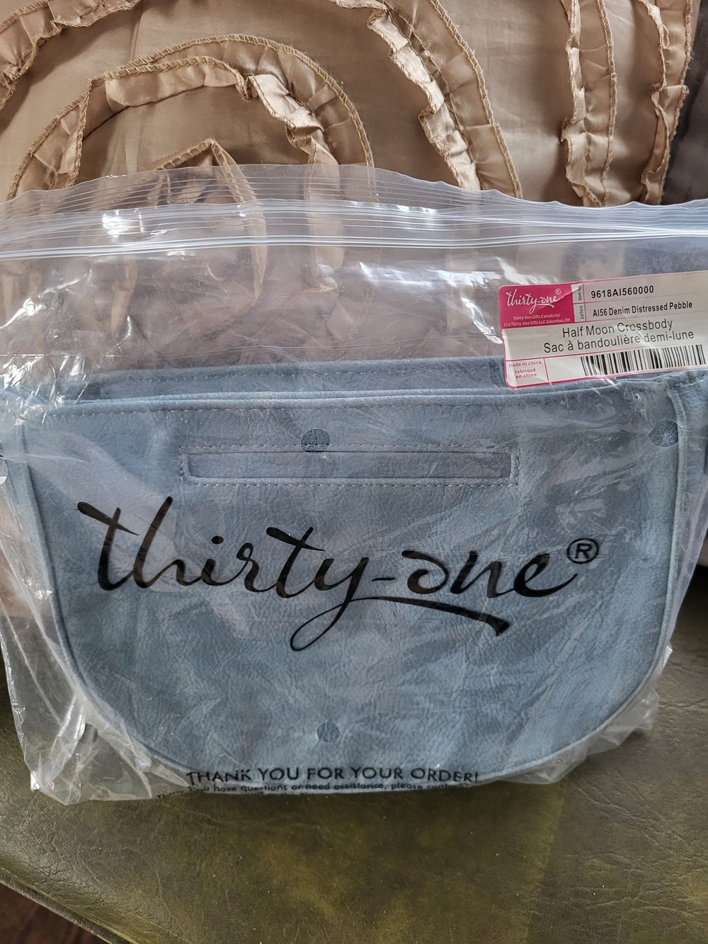 Thirty-One Half Moon Crossbody in Dusty Blue